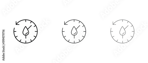Minimalist water timer line icons, circular clock with liquid drop symbol, set of 3 vector stroke weights for plumbing and hydration tracking