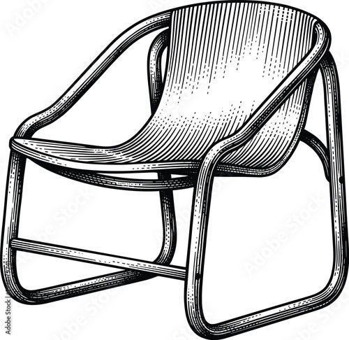 Modern patio chair design with curved frame in vintage woodcut style.