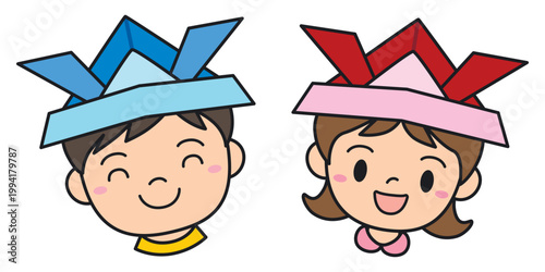 折り紙かぶとの子供達イラスト 端午の節句 子どもの日素材