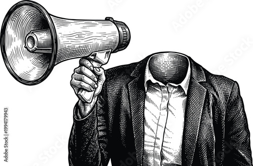 Headless person in suit holding megaphone on transparent background.