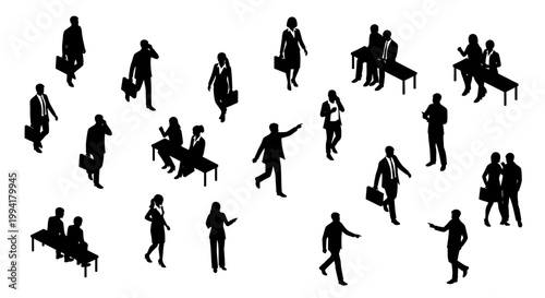 business people silhouettes vector set depicting corporate professionals in various office interactions and teamwork communication scenarios