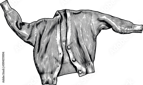 Knitted wool cardigan sweater with buttons in vintage engraved style.