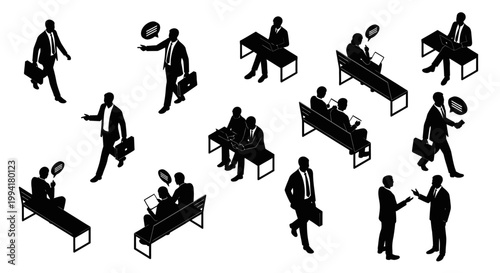 isometric silhouettes of businessmen in suits in various poses and situations