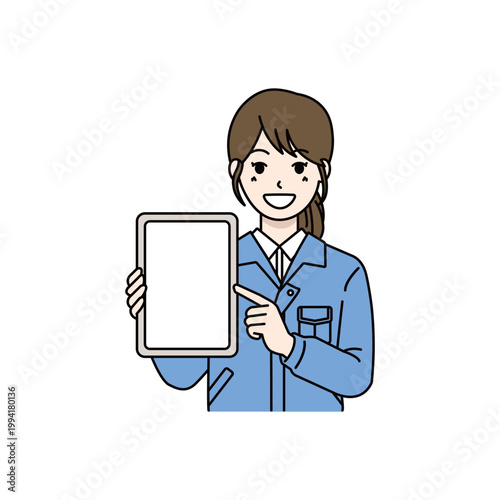 タブレット画面を指差す女性作業員