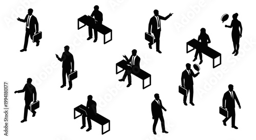 isometric business people black silhouette vector art set working and communicating in a professional workplace environment for corporate design.
