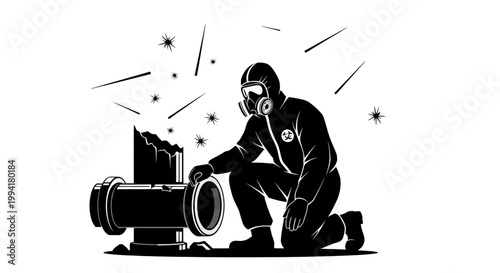 person in hazmat suit inspecting broken pipe amidst hazardous fallout symbolizing environmental disaster and emergency response.