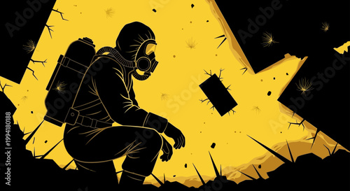 a person wearing a hazmat suit and gas mask crouches in a dark cracked hazardous environment conveying danger and emergency.