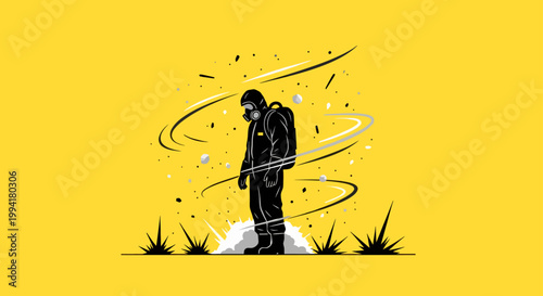 hazmat suit clad person in chemical protection stands amidst a disaster scene with toxic debris illustrating environmental pollution.