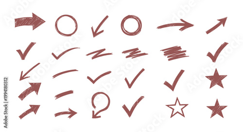hand-drawn marker graphic elements featuring scribbled arrows check marks circles and stars perfect for creative design resources and annotations.