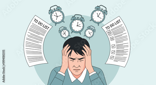 Stressed Man Overwhelmed by Tasks, Deadlines, and To-Do Lists Illustration