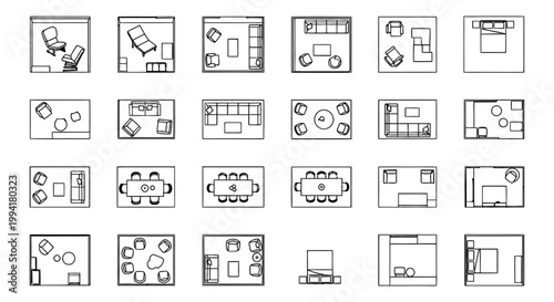 top view architectural furniture symbols illustrating interior design and floor plan concepts for modern living spaces and commercial projects.