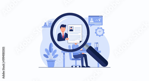 Recruitment and Hiring Process Concept: HR Manager Searching for Best Job Candidate with Magnifying Glass and CV Resume Illustration