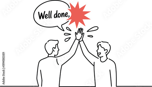 Two people high-fiving with a "Well done" speech bubble and starburst