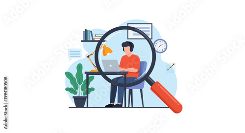 Flat Vector Illustration of a Professional Working on Laptop Under Magnifying Glass - Concept for Recruitment, Auditing, and Data Analysis