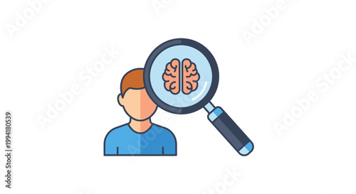 Magnifying Glass Focusing on Human Brain Vector Illustration - Psychology and Mental Health Analysis Concept