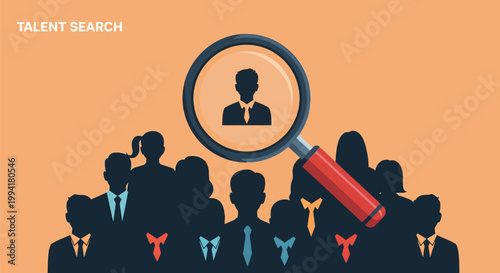 Talent Search and Recruitment Concept: Magnifying Glass Focusing on Top Candidate Silhouette Among a Professional Crowd