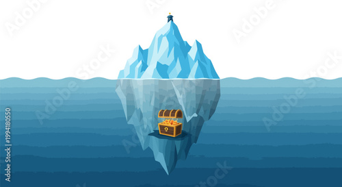 Conceptual Iceberg Illustration with a Hidden Treasure Chest Underwater, Representing Hidden Potential, Secret Value, and Business Strategy Insights