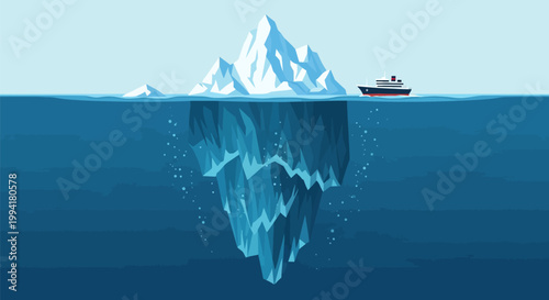Iceberg Metaphor Illustration: Hidden Risks and Challenges Beneath the Surface with a Ship Concept