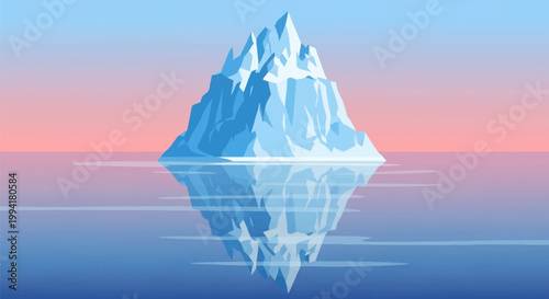 Minimalist Vector Illustration of a Large Iceberg Floating in a Calm Ocean at Sunset
