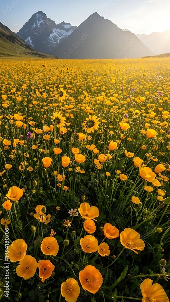 Fototapeta premium Vibrant yellow flower field with mountains at sunset scenic landscape