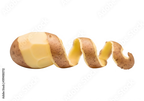 Peeled and unpeeled potato with curled skin on white background transparent background