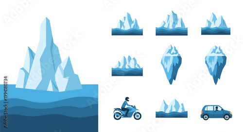 Iceberg Vector Illustration Set with Tip of the Iceberg Metaphor and Transport Icons
