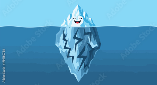 Cute Iceberg Metaphor Illustration with Happy Face and Large Hidden Depths Below Water