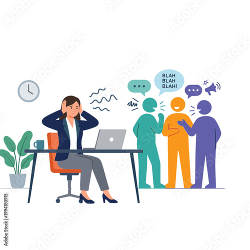 Woman sitting at desk stressed with coworkers talking nearby office