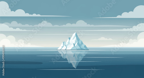 Minimalist Vector Illustration of an Iceberg Floating in a Calm Blue Ocean with Reflection - Conceptual Landscape Design