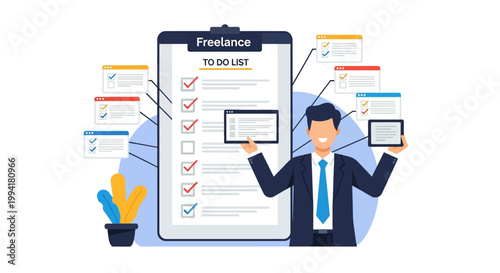 Freelance Professional Managing Tasks with a Large Digital To-Do List Checklist. Concept of Productivity, Project Management, and Remote Work Organization. Vector Illustration.