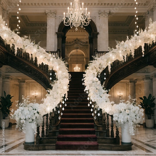 A grand staircase adorned with cascading white flowers and diamond lights, creating a royal and elegant background