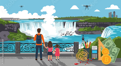 Family Watching Waterfall with Financial and Educational Icons - Conceptual Travel and Modern Life Illustration