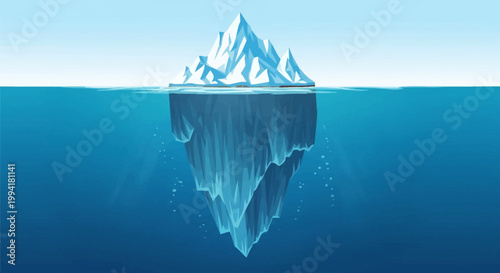 Minimalist Vector Illustration of an Iceberg Floating in the Deep Blue Ocean Showing Above and Below Waterline - Tip of the Iceberg Metaphor