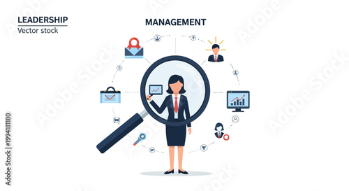 Business Leadership and Management Concept Illustration - Female Manager under Magnifying Glass for HR Recruitment and Corporate Strategy
