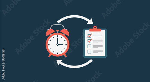 Time Management and Task Productivity Concept Illustration with Alarm Clock and Checklist