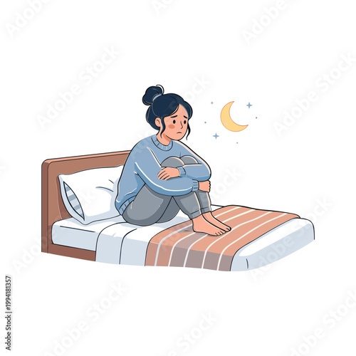 Woman sits on bed feeling sad and lonely at night