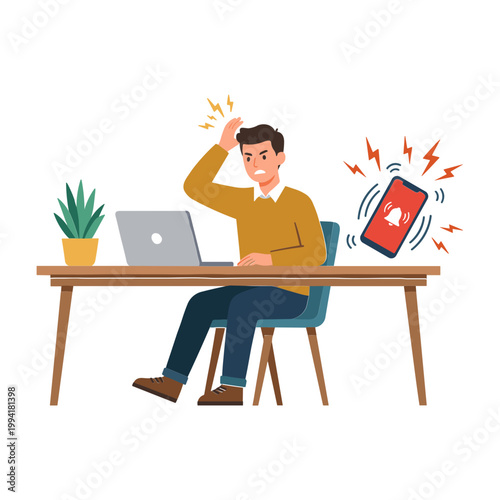 Man sitting at desk with laptop experiences stress from phone