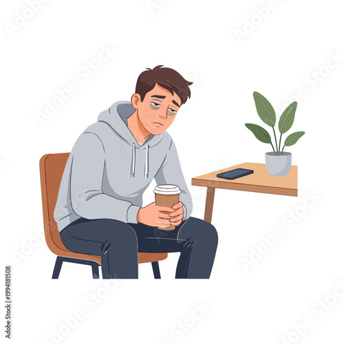 A man sits on chair holding coffee cup next to table with phone and plant