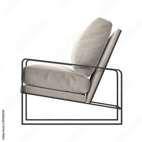 Modern Armchair with Black Metal Frame and Beige Fabric Cushion Side View Isolated on White Background 3D Render