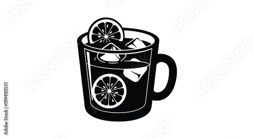 A refreshing beverage in a glass featuring citrus slices and ice cubes depicted in a striking silhouette high quality