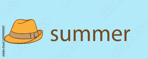 orange hat, summer text, blue background,