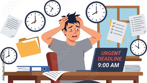 A stressed man sits at a desk surrounded by clocks and papers with an urgent deadline on his laptop.