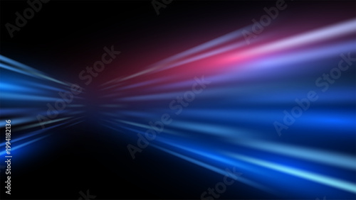 Abstract motion blur with neon blue and red light streaks on dark background for futuristic high speed technology and energy