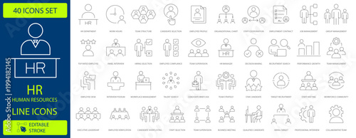 Human resources line icons set, 40 business management and recruitment vector symbols, professional HR department and corporate workforce thin line icons