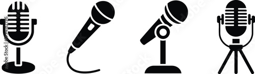 Microphone icon set, vector collection of retro podcast studio recording and voice symbols isolated on white background for audio media and broadcasting design.