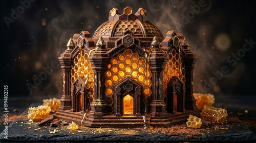 Intricately designed chocolate cake resembling a honeycomb structure  