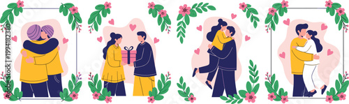 Romantic couples love scenes with floral frames hugging gifting and kissing moments flat vector illustration set relationship concept
