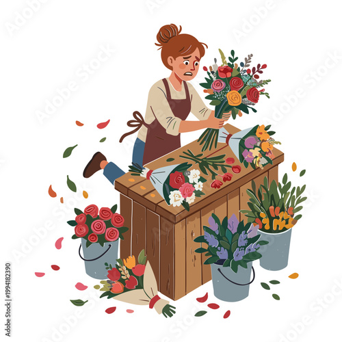 Woman arranging colorful flowers on a wooden table in a garden