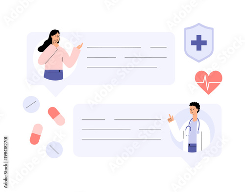 Online doctor concept. Doctor and patient chatting in smartphone app with message bubble. Online consultation, telemedicine, medical chat and digital healthcare communication. Flat vector illustration