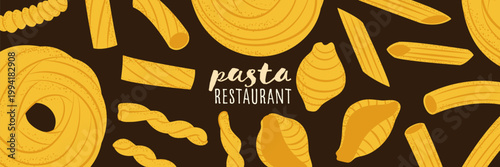 Horizontal banner design for pasta restaurant featuring hand drawn illustrations of different pasta types on dark background. Great for website headers and signage.